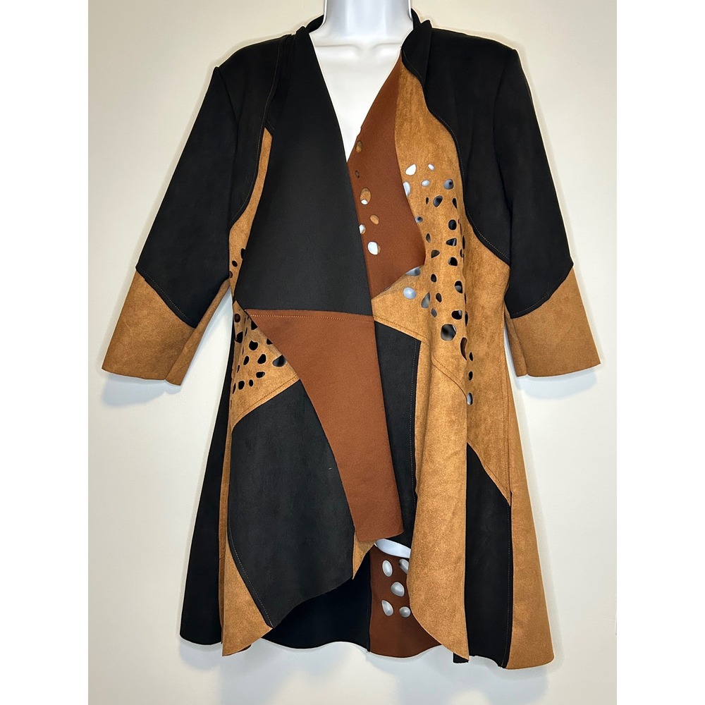 Vintage Concept Women Medium Colorblock‎ Laser Cut Patchwork Open Front Jacket